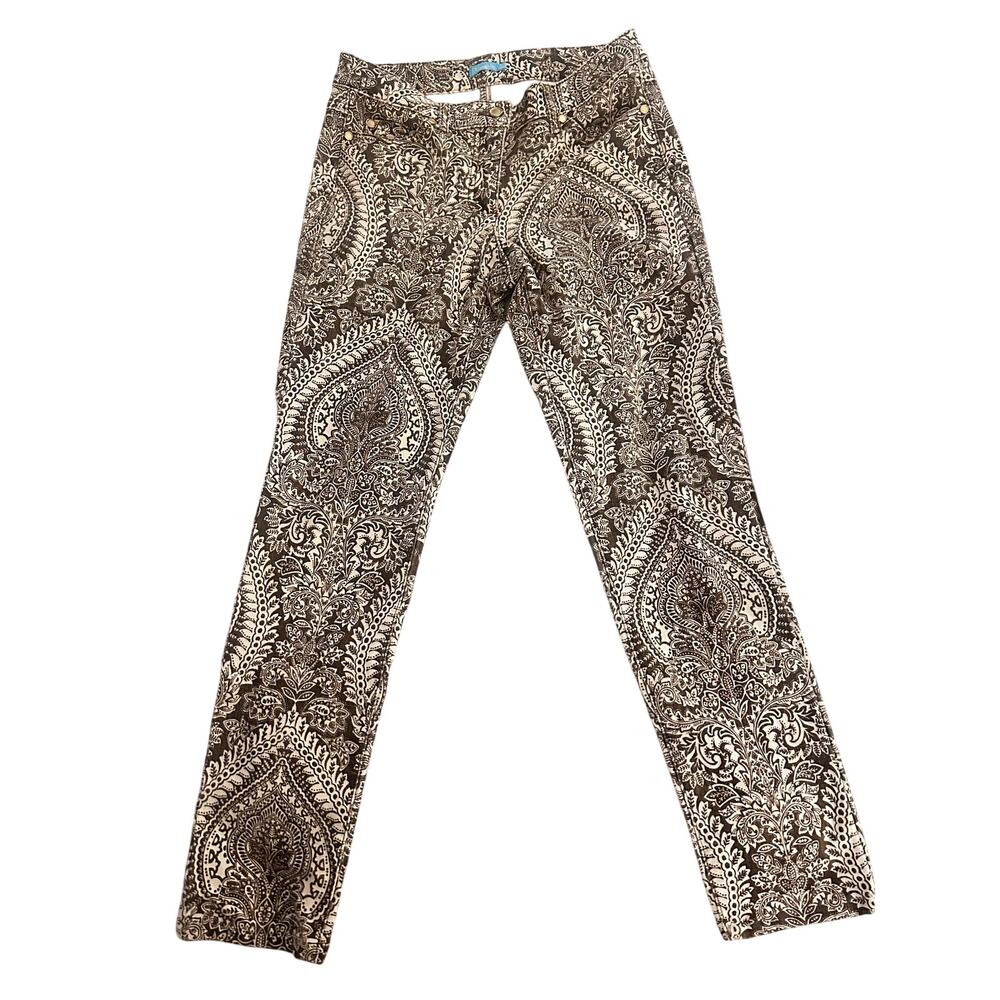 J McLaughlin Paisley Pants Brown Cream Stretch Slim Ankle Size 2